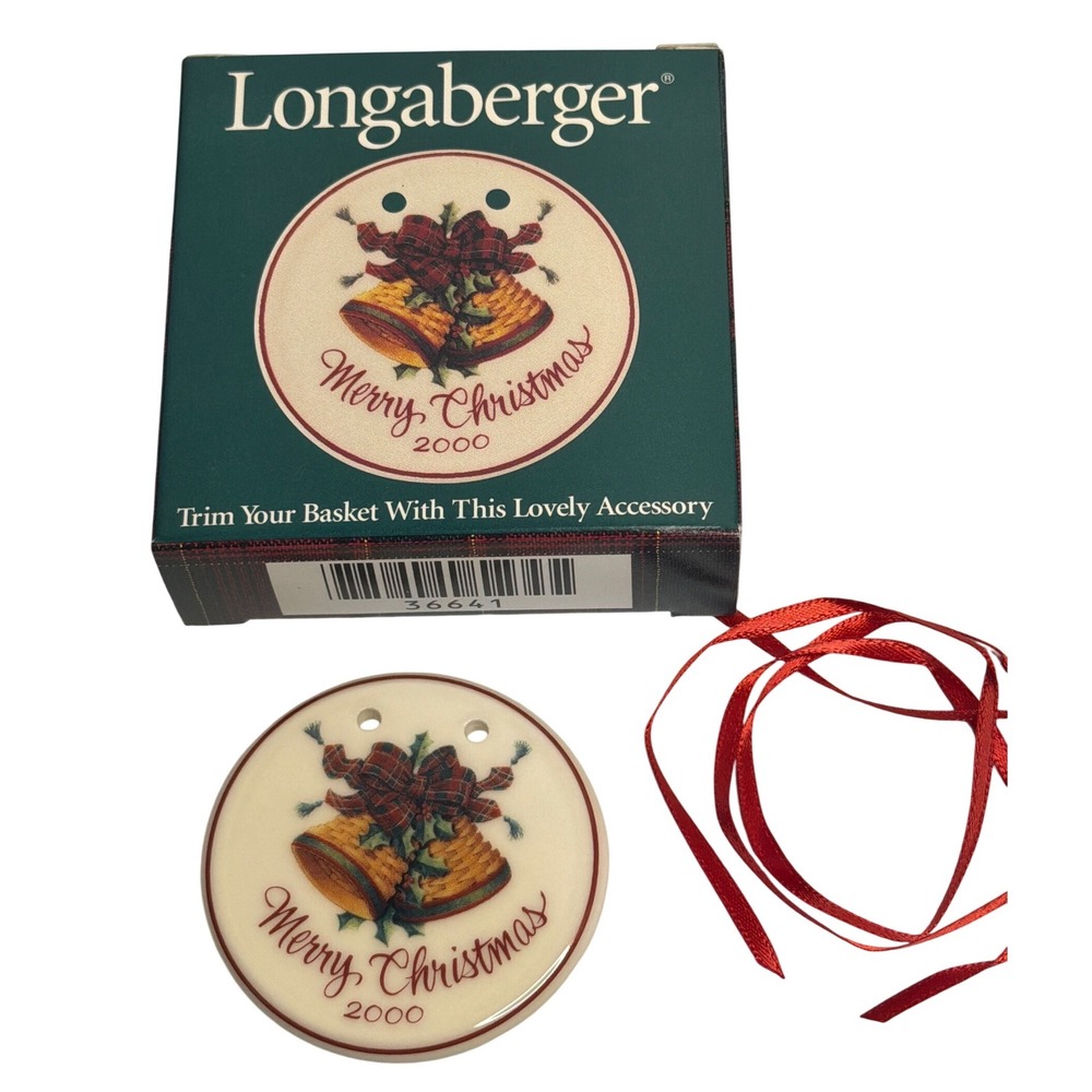 VTG Longaberger Basket Tie On Merry Christmas 2000 Ceramic Holiday Bells Charm